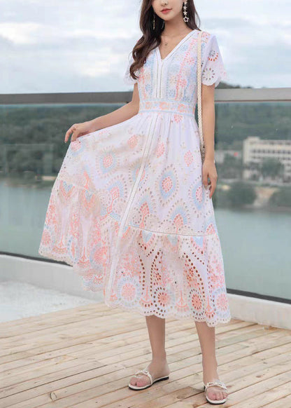 V Neck Hollow Out Linen Long Dress Summer
