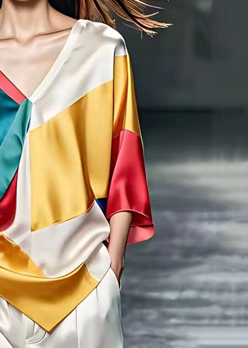 V Neck Patchwork Silk Tops Bracelet Sleeve