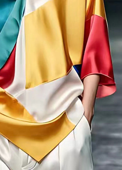 V Neck Patchwork Silk Tops Bracelet Sleeve
