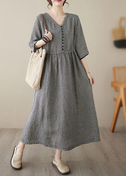 Wine Red V Neck Plaid Patchwork Button Linen Maxi Dresses Summer