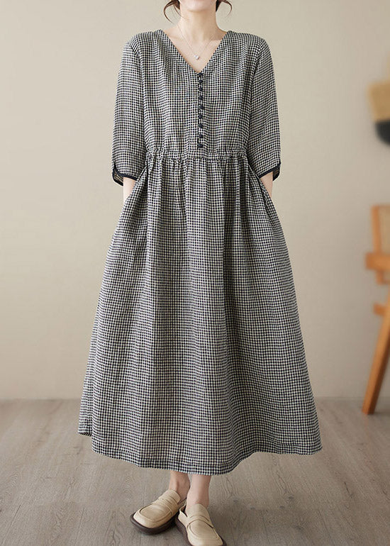 Dark Blue V Neck Plaid Patchwork Button Linen Maxi Dresses Summer
