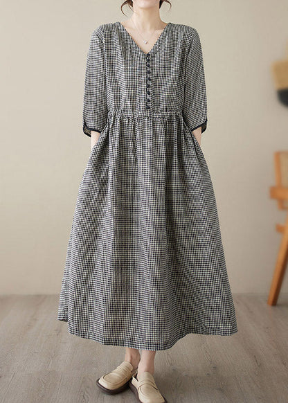 Dark Blue V Neck Plaid Patchwork Button Linen Maxi Dresses Summer