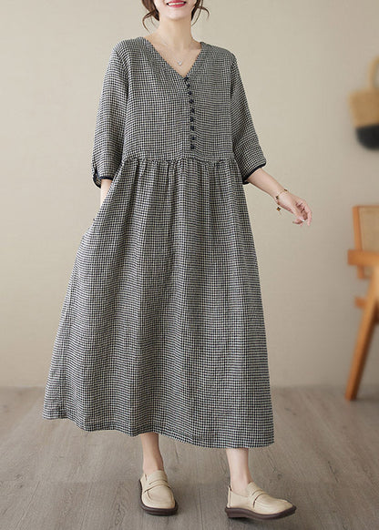 Green V Neck Plaid Patchwork Button Linen Maxi Dresses Summer