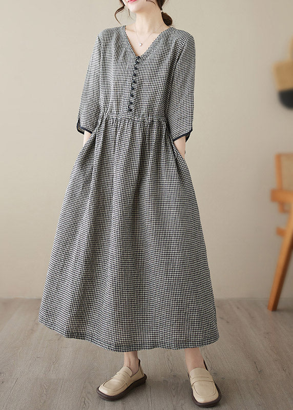 Dark Blue V Neck Plaid Patchwork Button Linen Maxi Dresses Summer