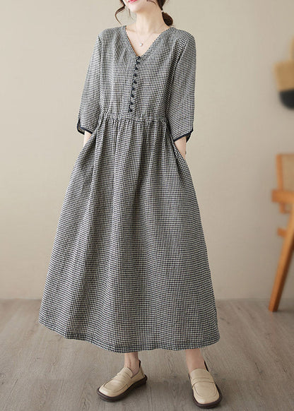 Green V Neck Plaid Patchwork Button Linen Maxi Dresses Summer