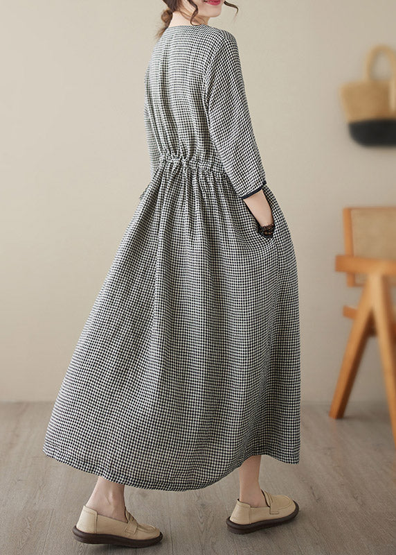 Dark Blue V Neck Plaid Patchwork Button Linen Maxi Dresses Summer