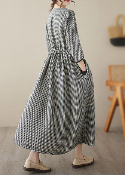 Wine Red V Neck Plaid Patchwork Button Linen Maxi Dresses Summer