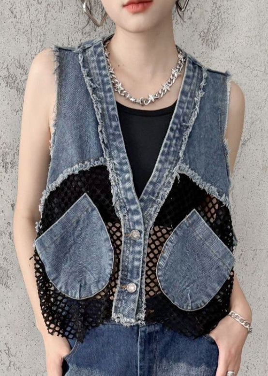 V Neck Pockets Breathable Mesh Patchwork Denim Vest Sleeveless