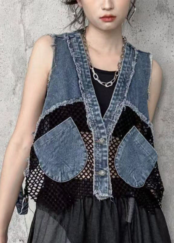 V Neck Pockets Breathable Mesh Patchwork Denim Vest Sleeveless