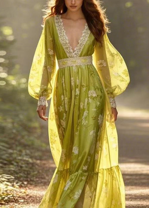 V Neck Print Lace Patchwork Silk Holiday Dress Spring