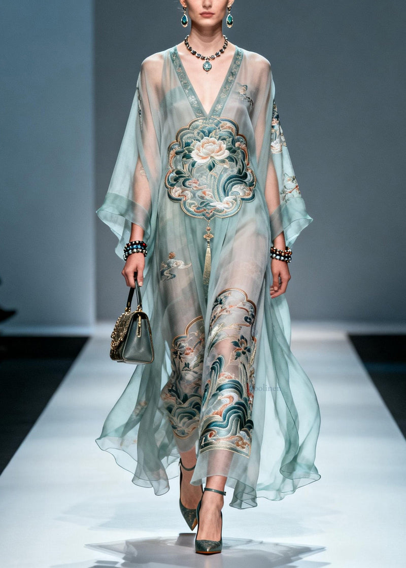 V Neck Print Loose Chiffon Long Dress Spring