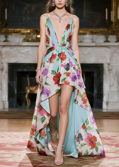 V Neck Print Low High Design Chiffon Spaghetti Strap Dress Summer