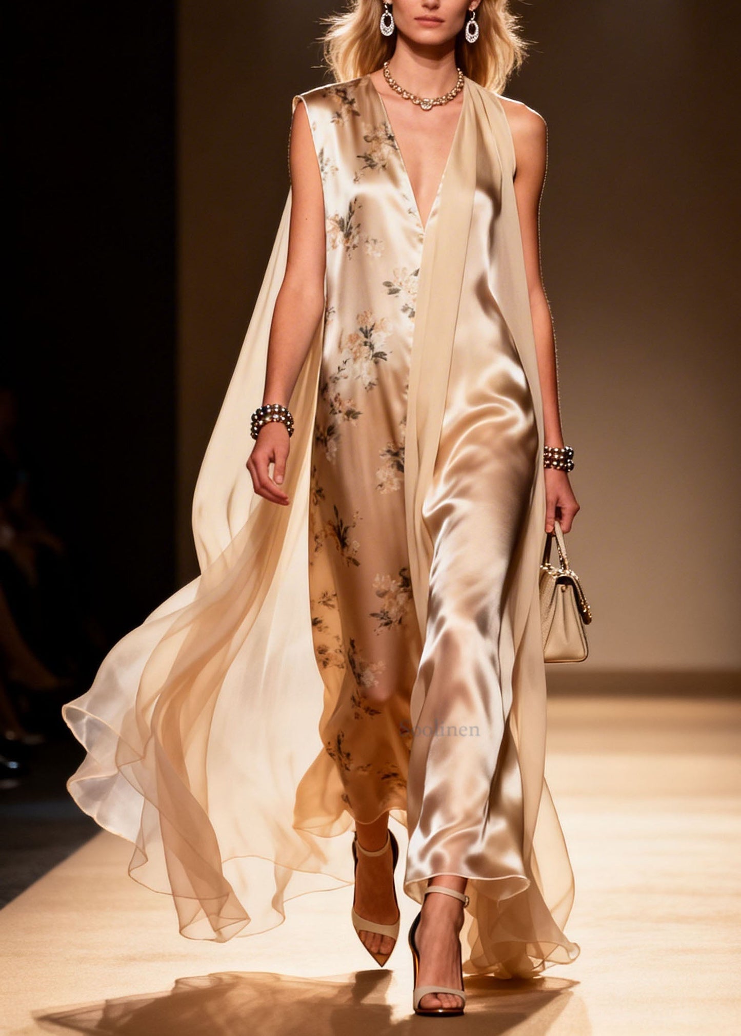 V Neck Print Patchwork Chiffon Maxi Dresses Summer