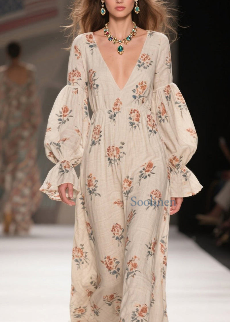V Neck Print Patchwork Cotton Long Dresses Spring