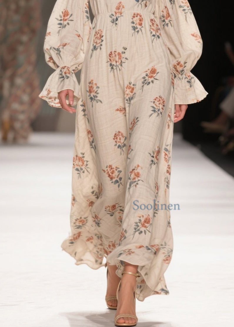 V Neck Print Patchwork Cotton Long Dresses Spring