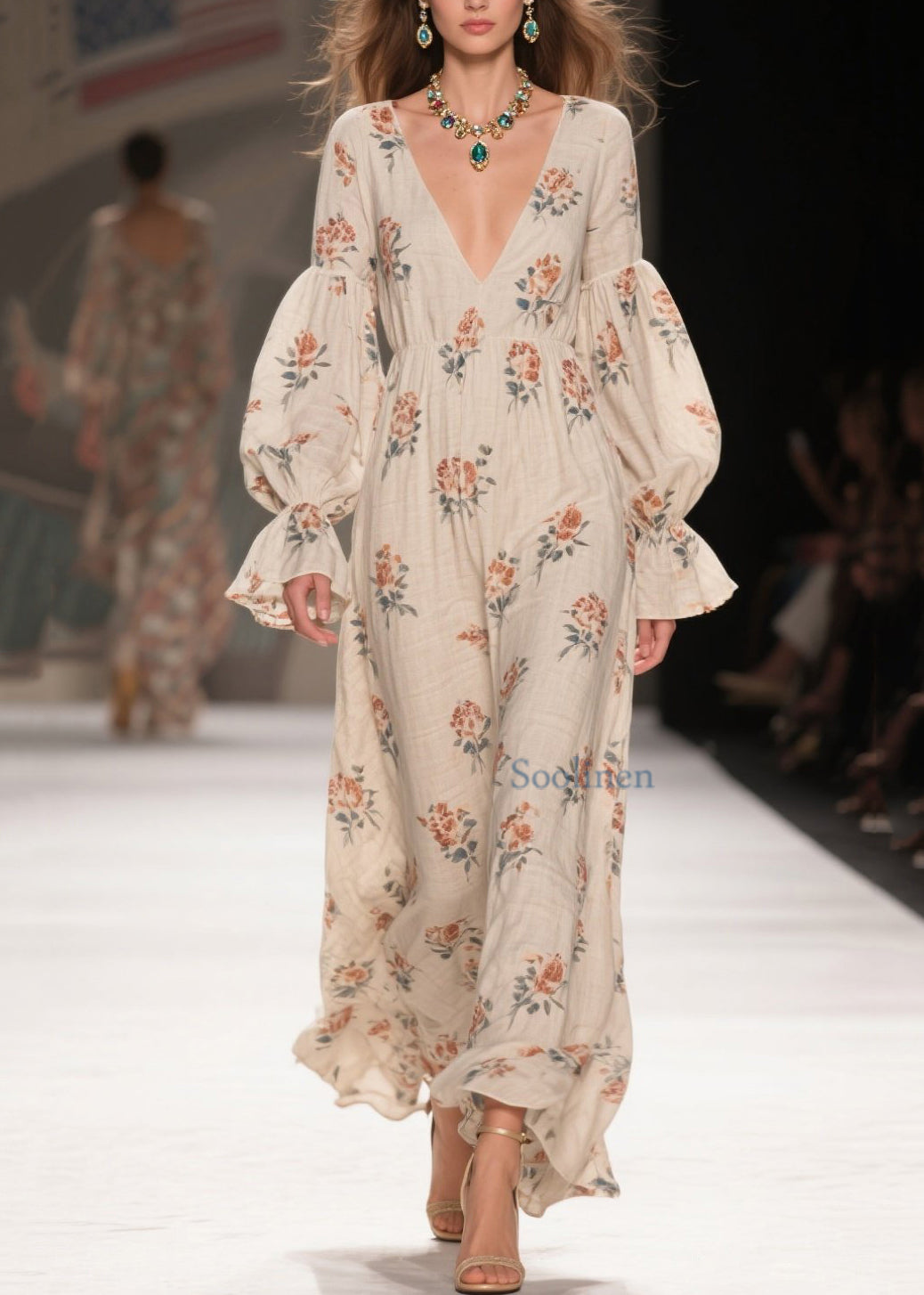 V Neck Print Patchwork Cotton Long Dresses Spring