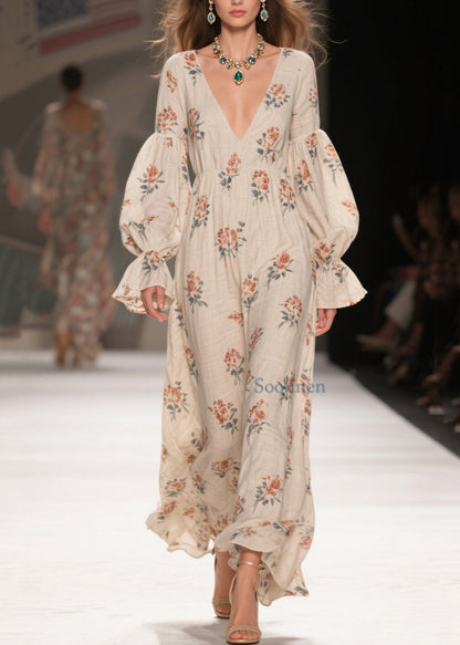 V Neck Print Patchwork Cotton Long Dresses Spring