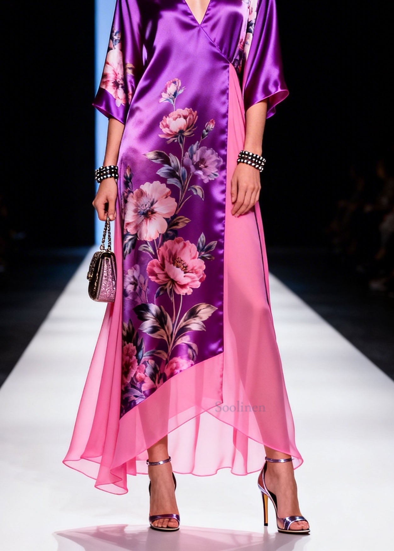 V Neck Print Patchwork Silk Long Dress Summer