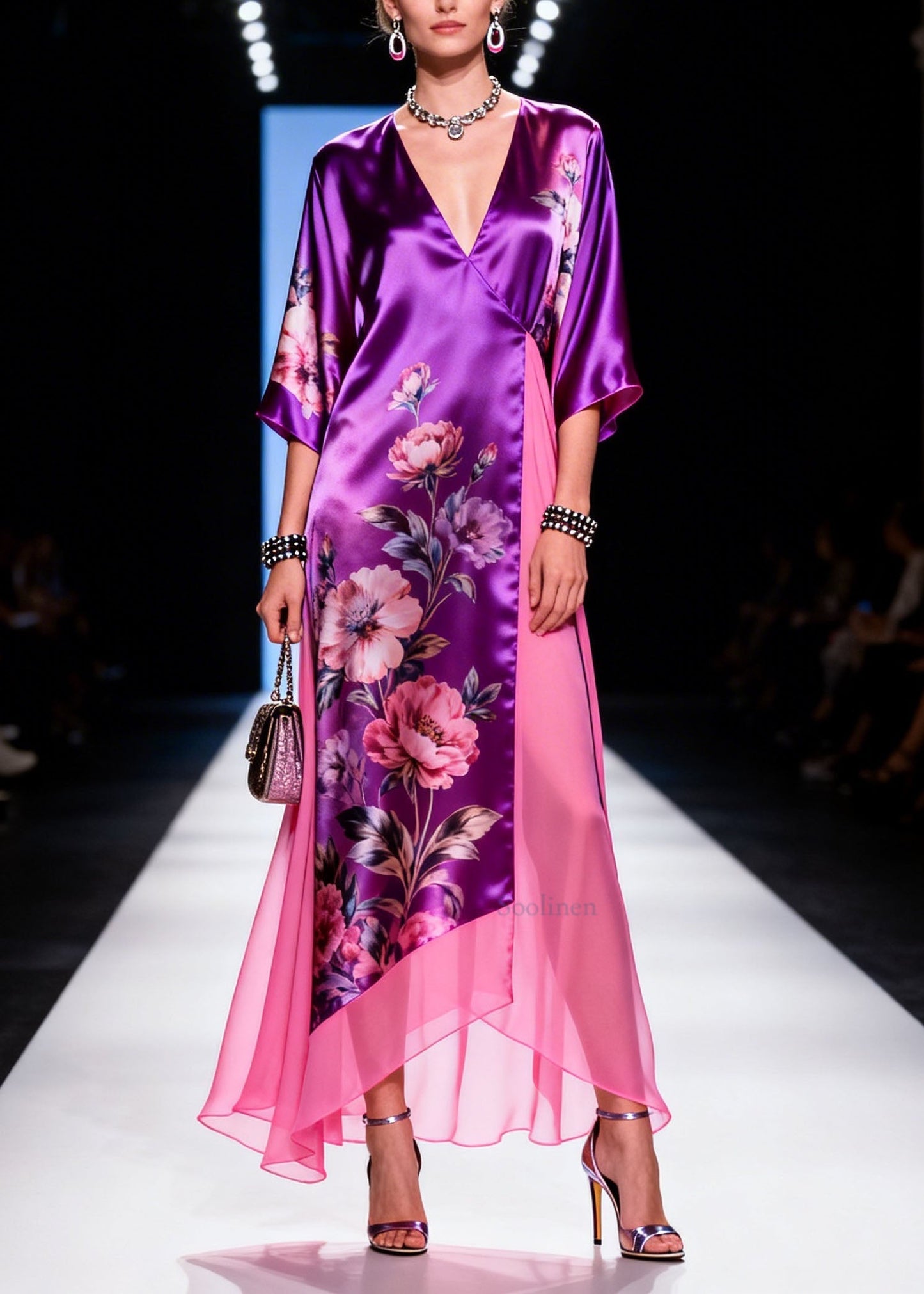 V Neck Print Patchwork Silk Long Dress Summer