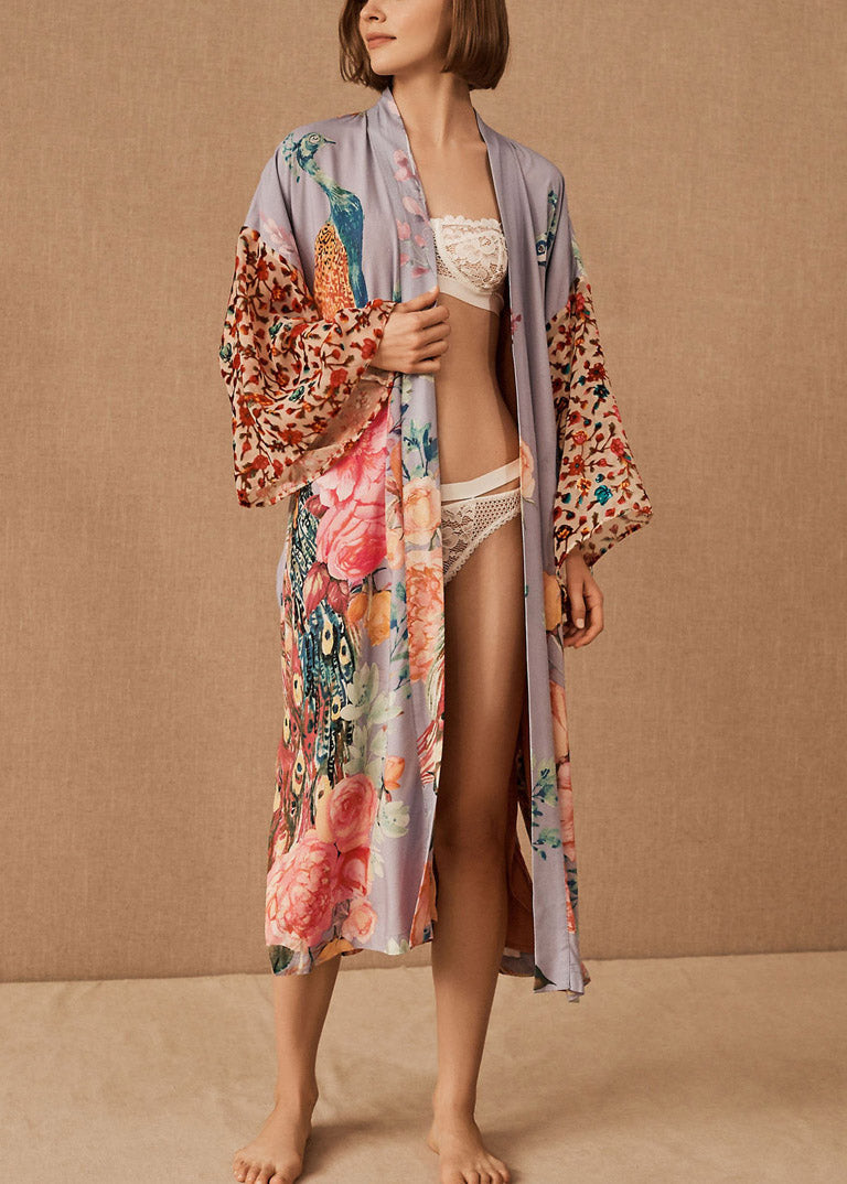 V Neck Print Side Open Tie Waist Maxi Beach Cardigans Long Sleeve