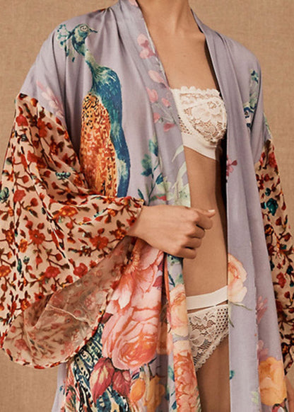 V Neck Print Side Open Tie Waist Maxi Beach Cardigans Long Sleeve