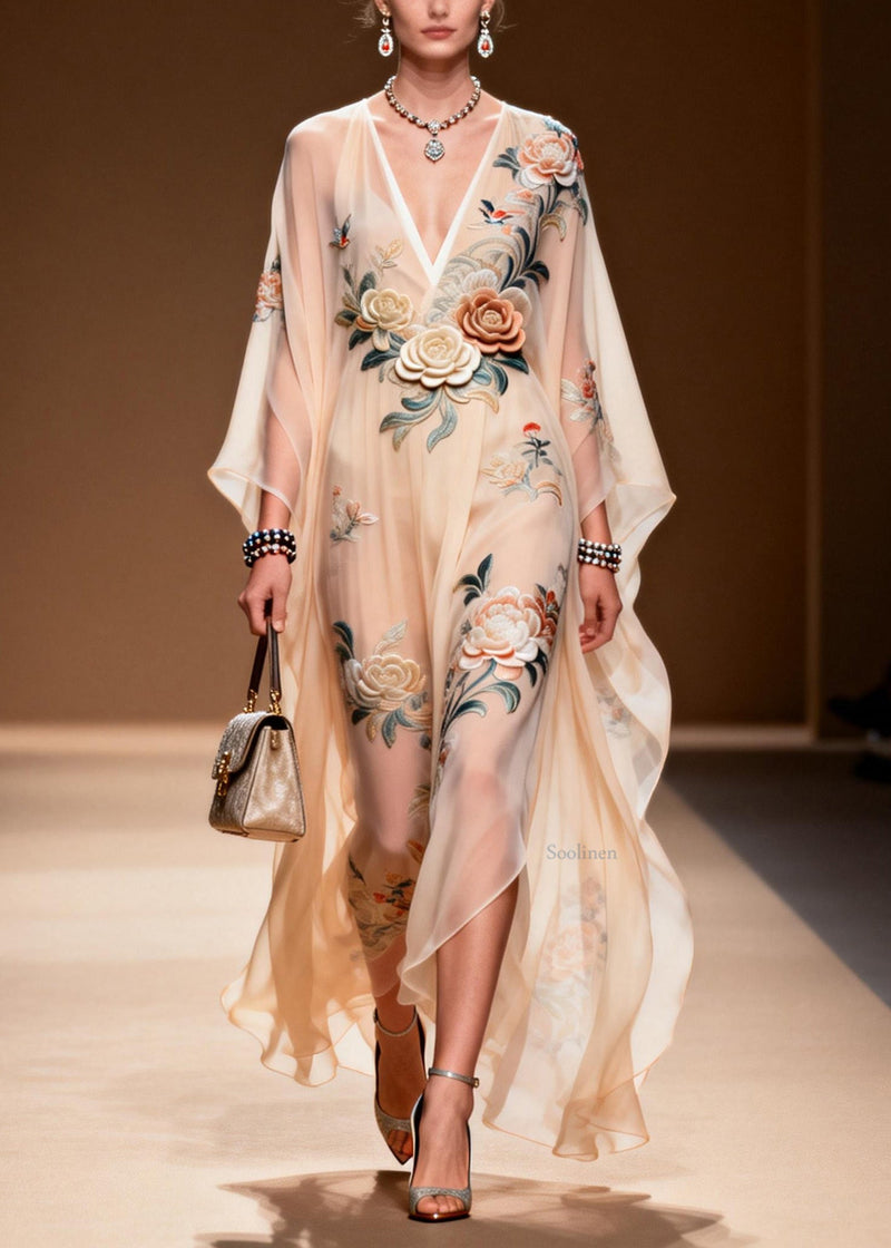 V Neck Print Wrinkled Chiffon Maxi Dresses Spring