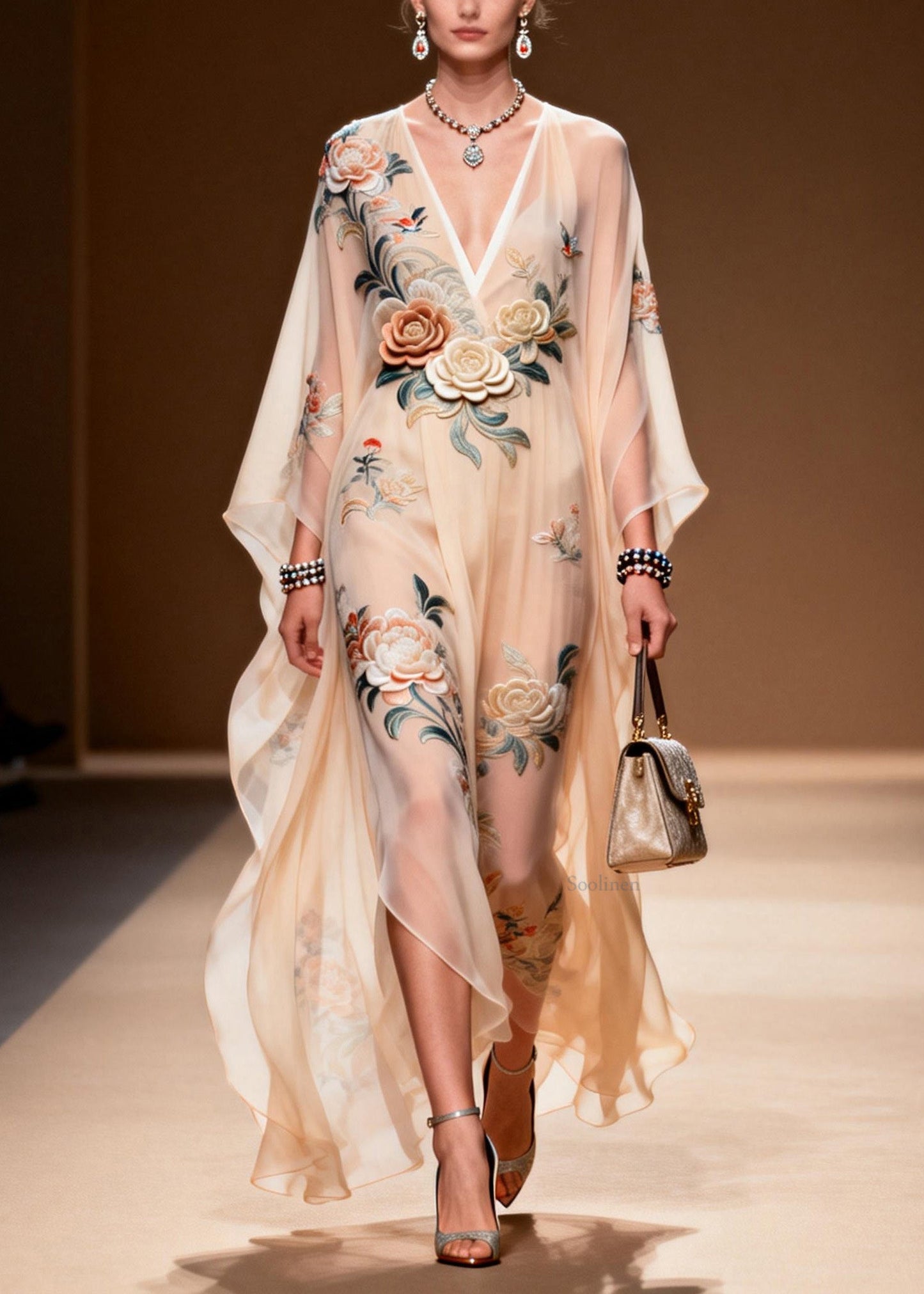 V Neck Print Wrinkled Chiffon Maxi Dresses Spring