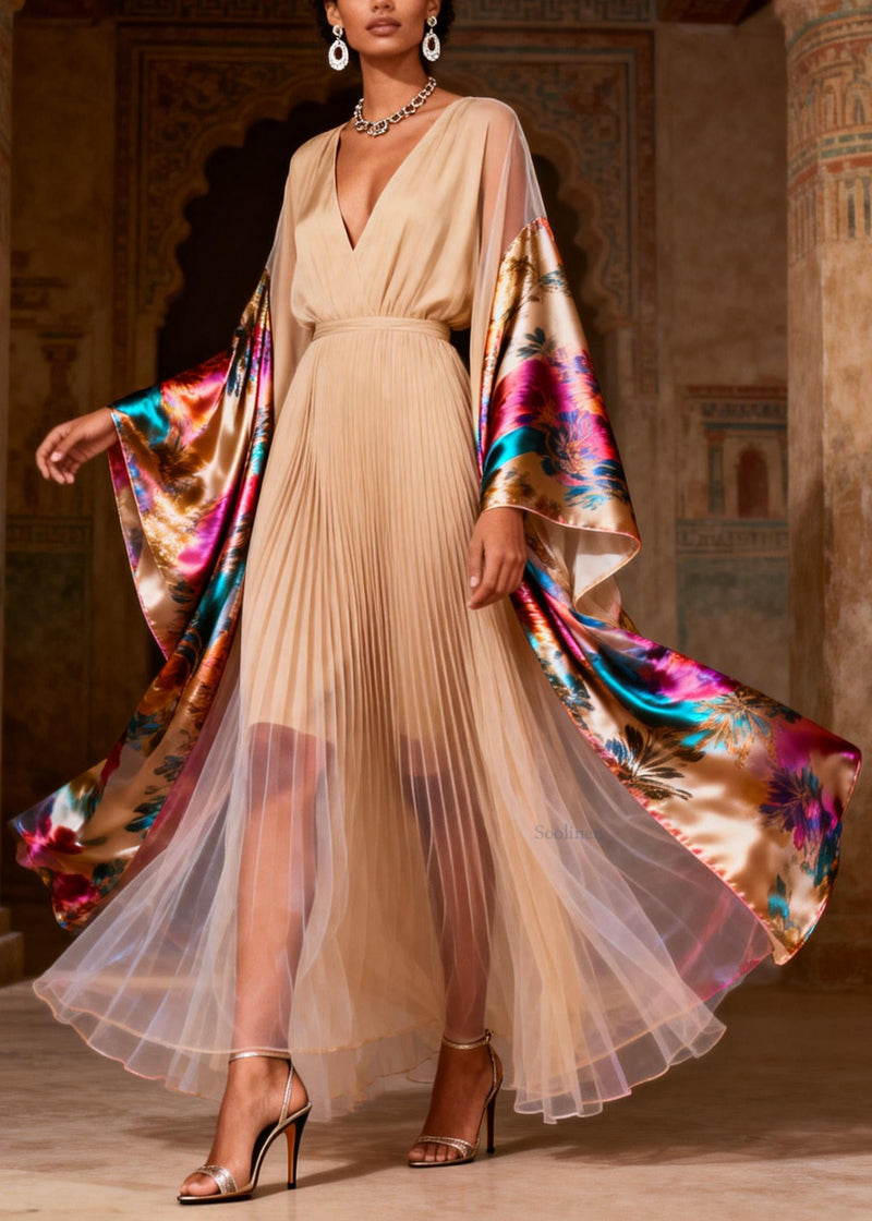 V Neck Print Wrinkled Patchwork Silk Dress Spring