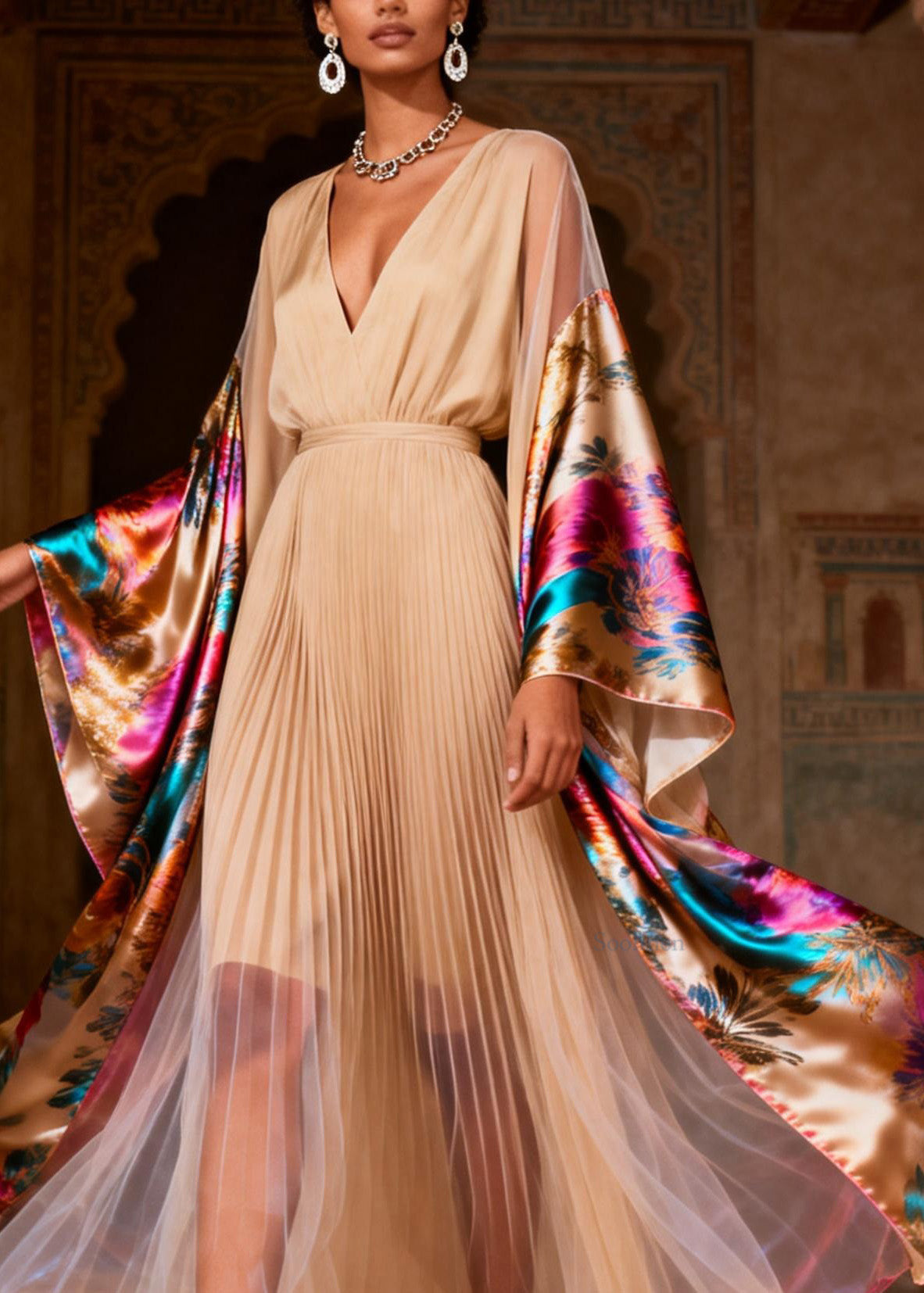 V Neck Print Wrinkled Patchwork Silk Dress Spring