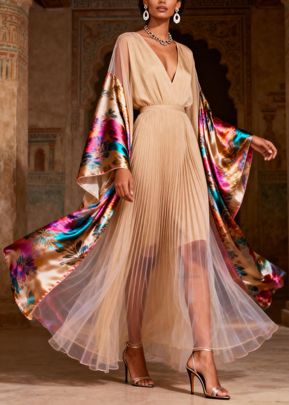 V Neck Print Wrinkled Patchwork Silk Dress Spring