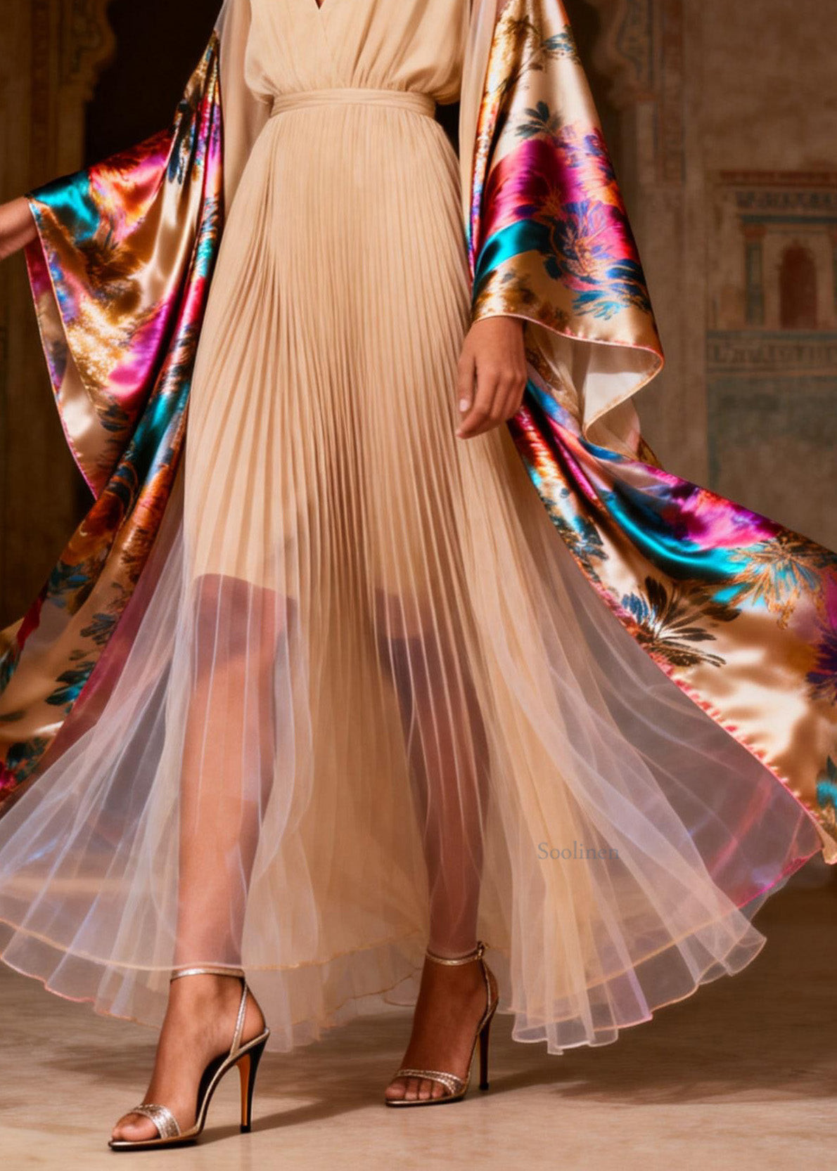 V Neck Print Wrinkled Patchwork Silk Dress Spring