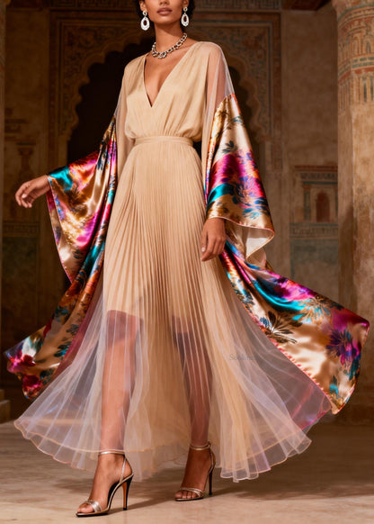 V Neck Print Wrinkled Patchwork Silk Dress Spring
