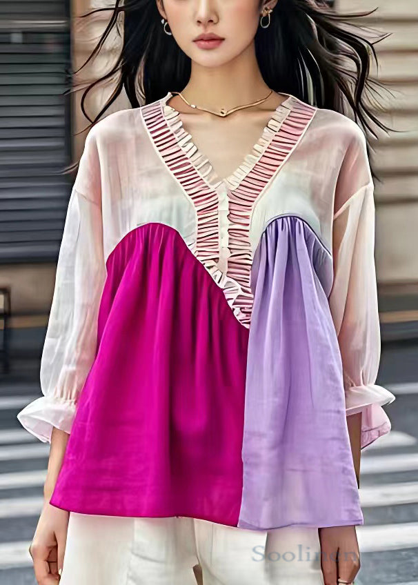 V Neck Ruffled Patchwork Cotton Shirt Butterfly Sleeve