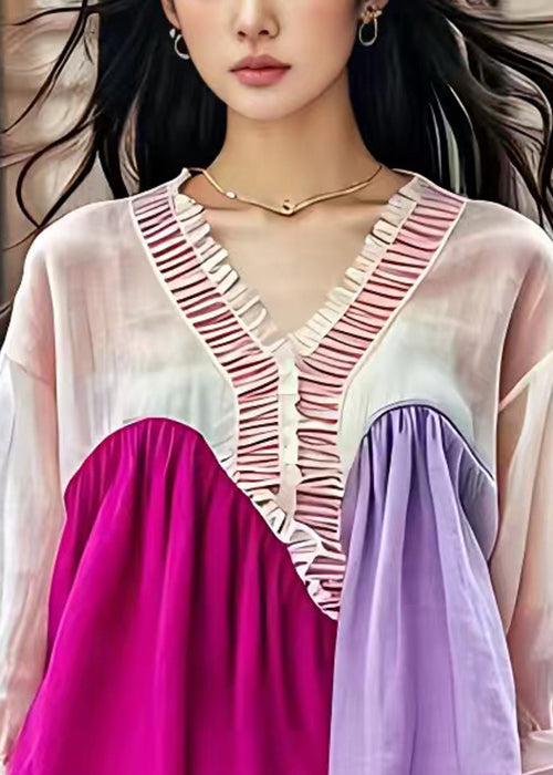 Chic V Neck Ruffled Patchwork Cotton Shirt Butterfly Sleeve