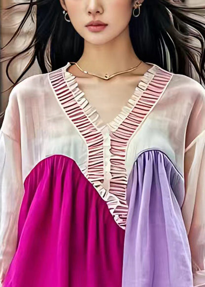Chic V Neck Ruffled Patchwork Cotton Shirt Butterfly Sleeve
