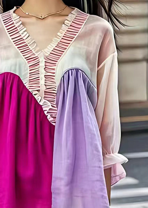 V Neck Ruffled Patchwork Cotton Shirt Butterfly Sleeve