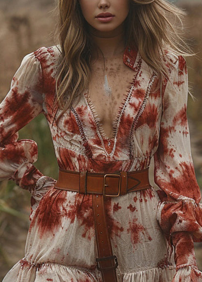 V Neck Ruffled Tie Dye Cotton Mini Dress Lantern Sleeve