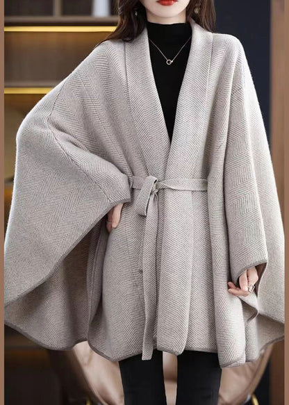 V Neck Tie Waist Patchwork Knit Loose Cardigans Cloak Sleeves
