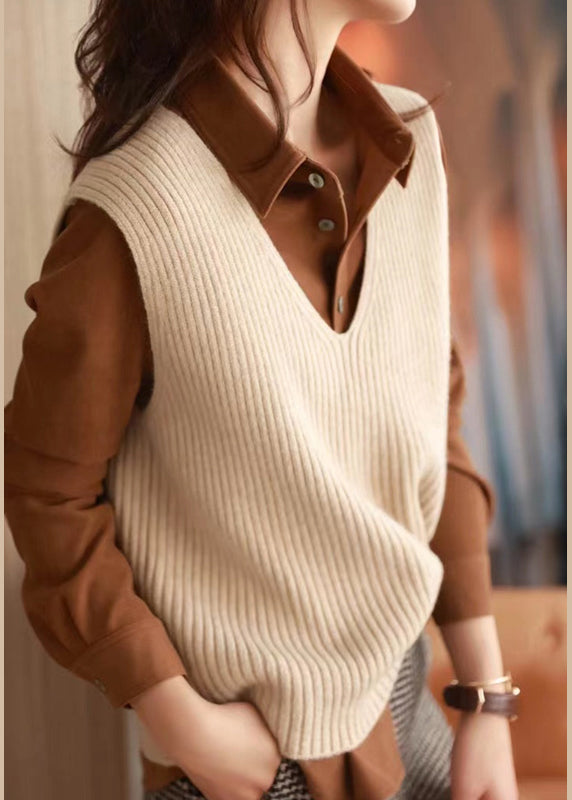 Versatile Caramel V Neck Woolen Vest Tops Sleeveless