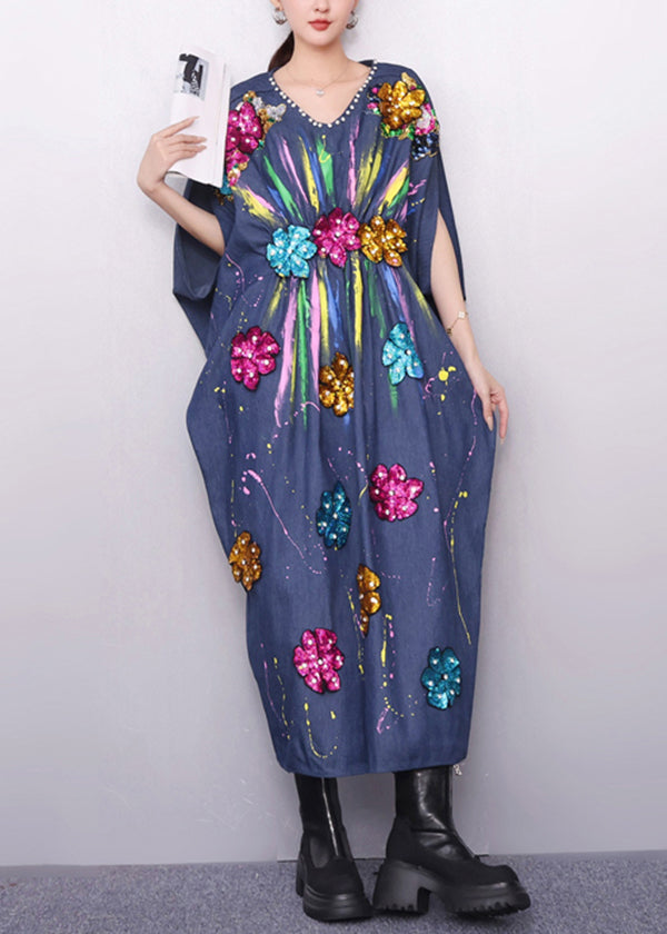 Vibrant Pattern Navy Denim Dress Zircon Accents