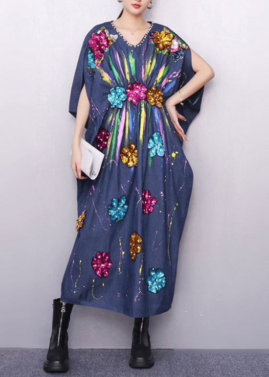 Vibrant Pattern Navy Denim Dress Zircon Accents