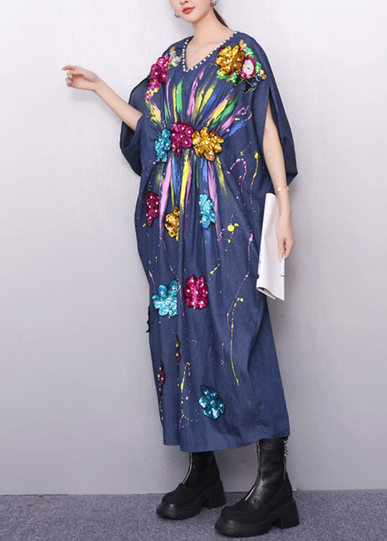 Vibrant Pattern Navy Denim Dress Zircon Accents