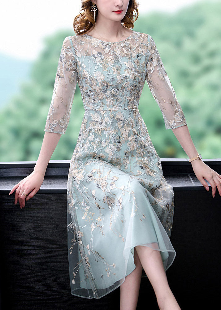 Water Blue O-neck Embroidered Tunic Organza Long Dress Half Sleeve