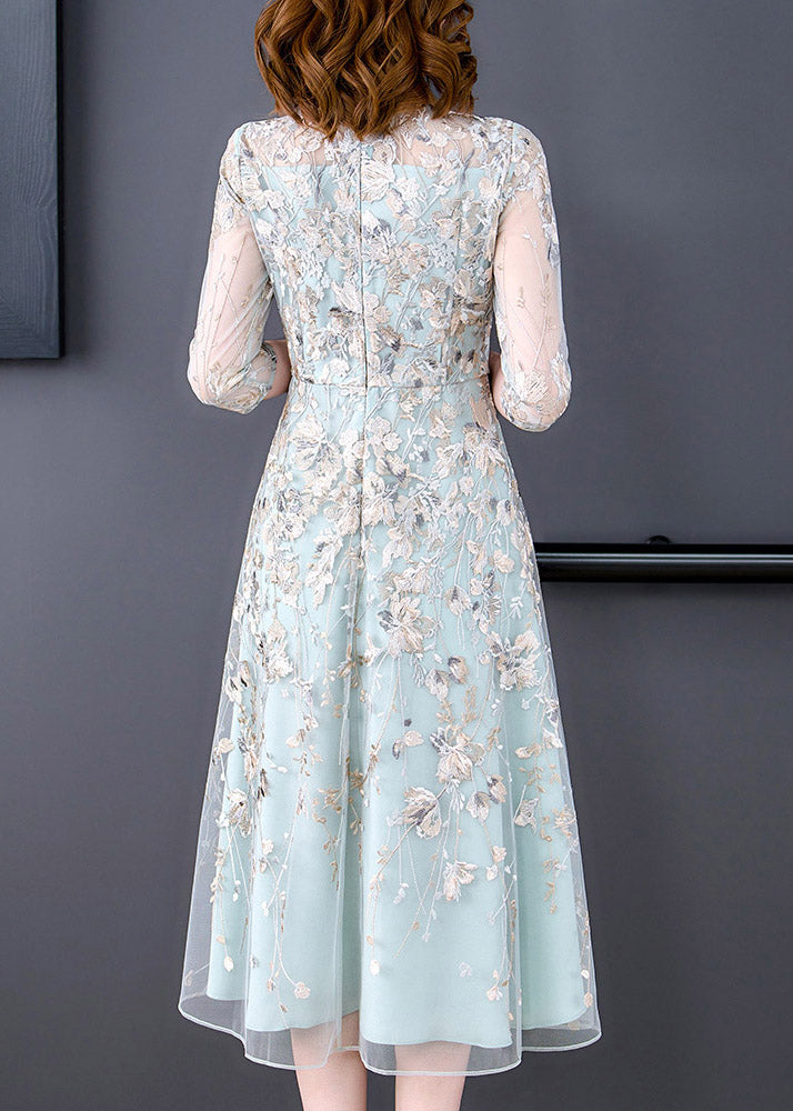 Water Blue O-neck Embroidered Tunic Organza Long Dress Half Sleeve