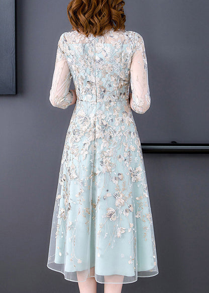Water Blue O-neck Embroidered Tunic Organza Long Dress Half Sleeve