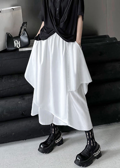 White Asymmetrical Elastic Waist Patchwork Cotton Pants Skirt Fall