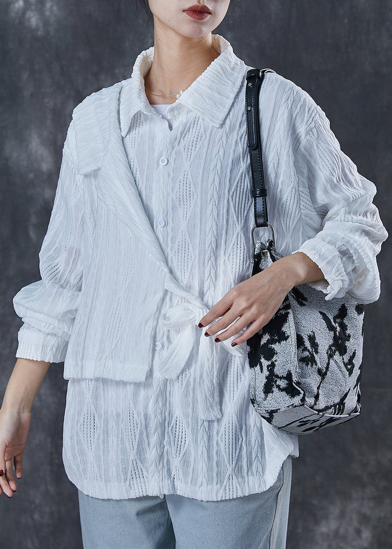 White Asymmetrical Lace Up Cotton Blouses Spring