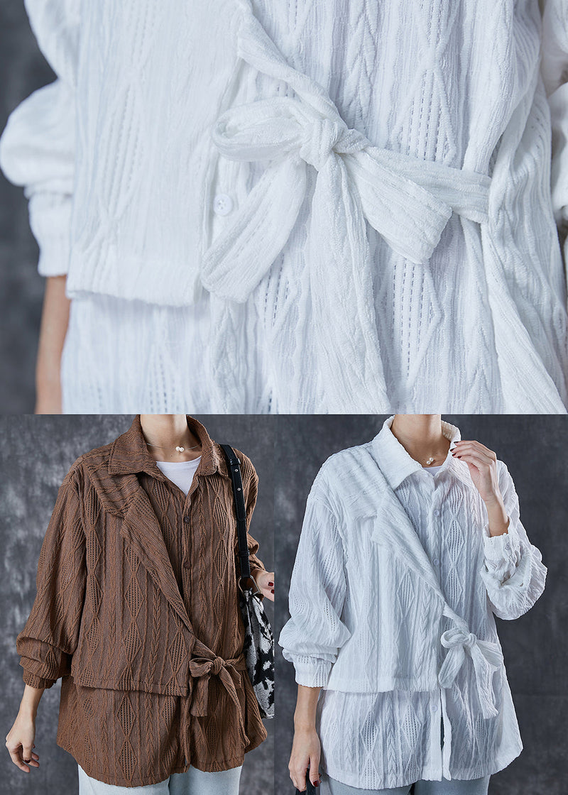 White Asymmetrical Lace Up Cotton Blouses Spring