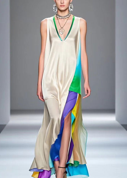 White Asymmetrical Patchwork Silk Vacation Dresses Sleeveless