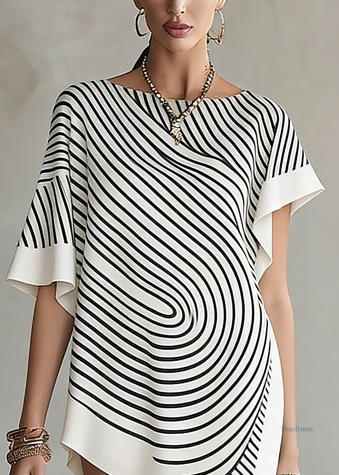 White Asymmetrical Striped T Shirts Short Sleeve